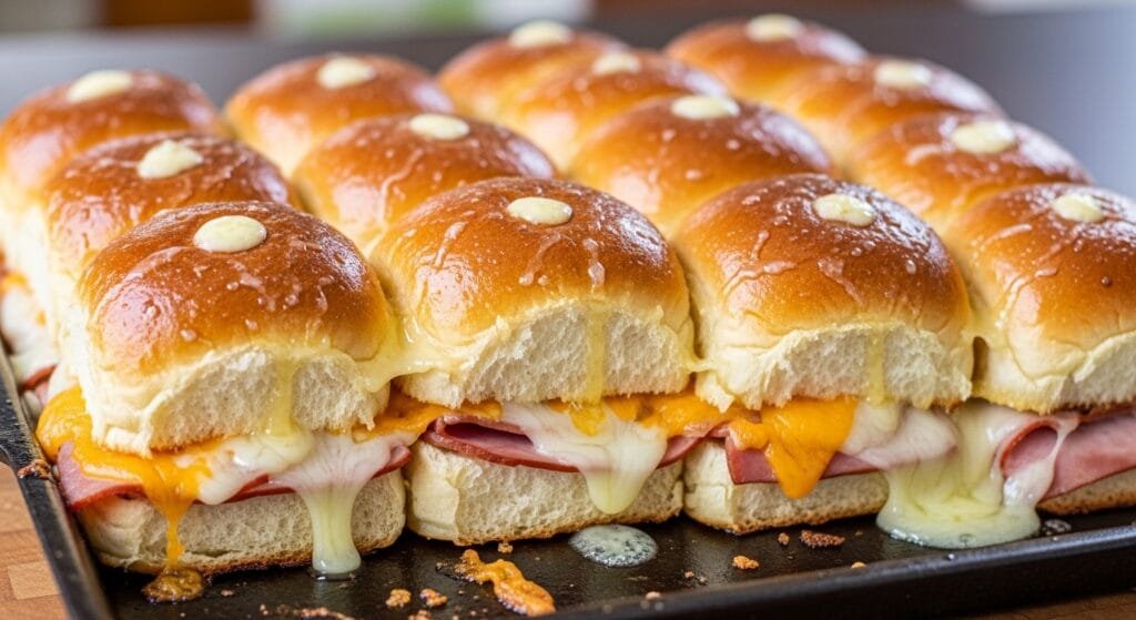 Baked ham and cheese sliders on Hawaiian rolls with melted cheese and buttery glaze