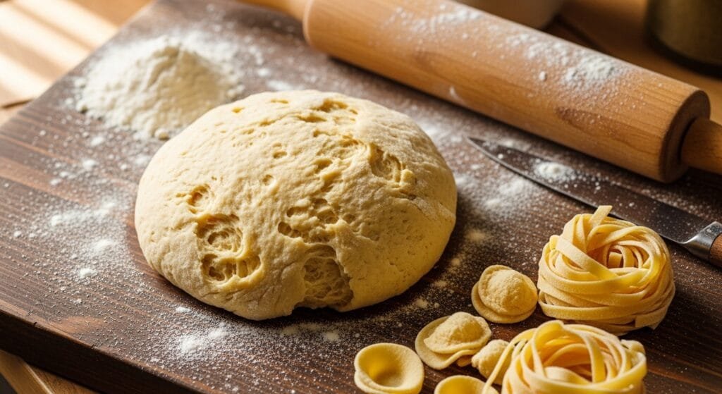 homemade artisan pasta dough on wooden board