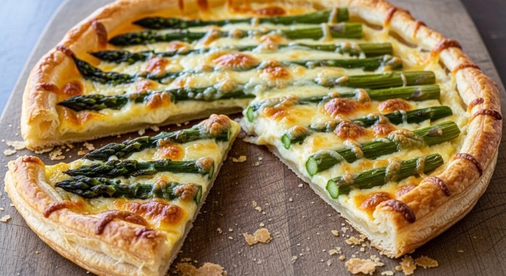 homemade asparagus tart on puff pastry with cheese baked until golden