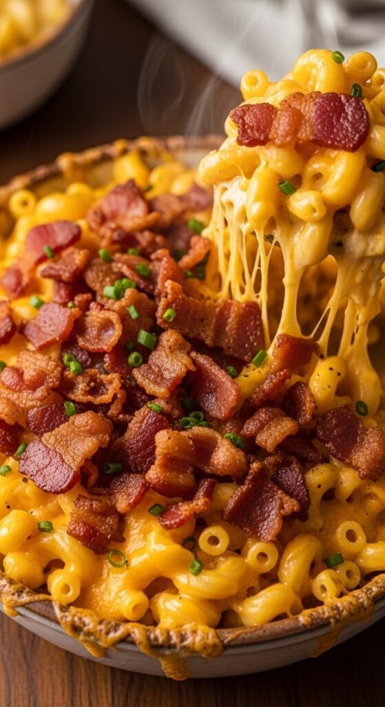 Creamy homemade bacon mac and cheese with melted cheese sauce and crispy bacon pieces