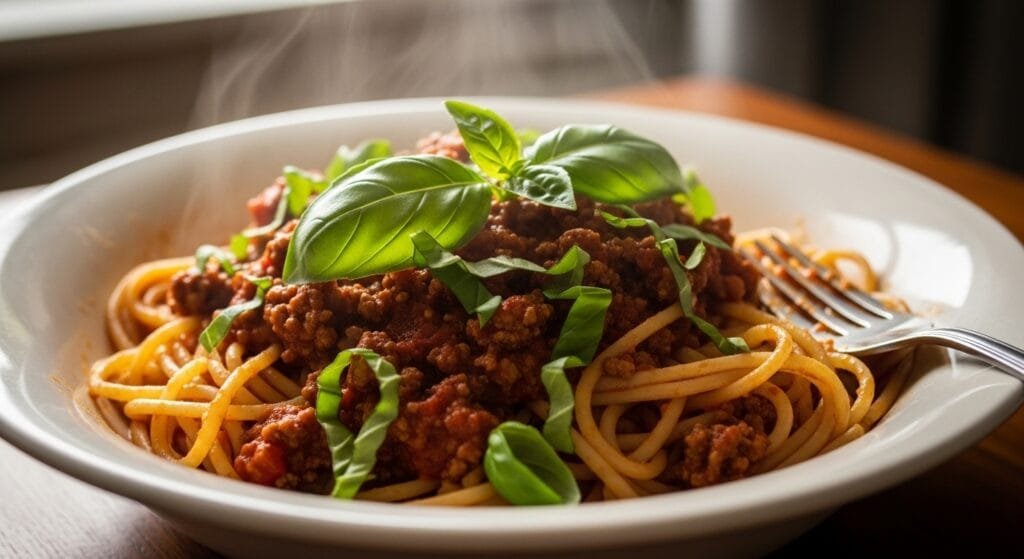 bowl of pasta with ground beef tomato sauce and basil