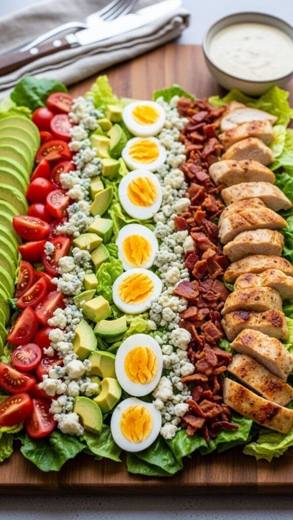 Homemade Cobb salad with chicken, bacon, eggs, avocado, and blue cheese on a platter