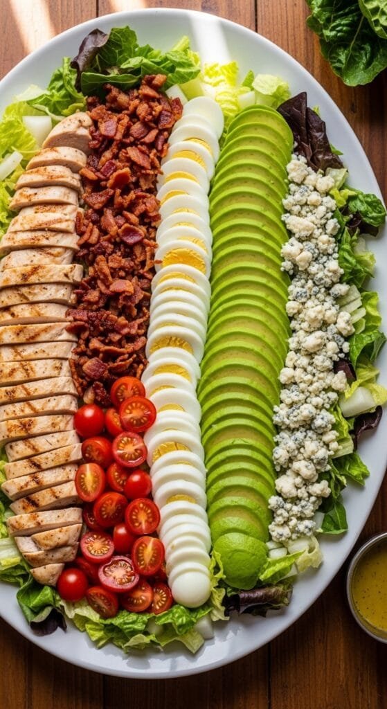 Homemade Cobb salad with chicken, bacon, eggs, avocado, tomatoes, and blue cheese arranged on a platter