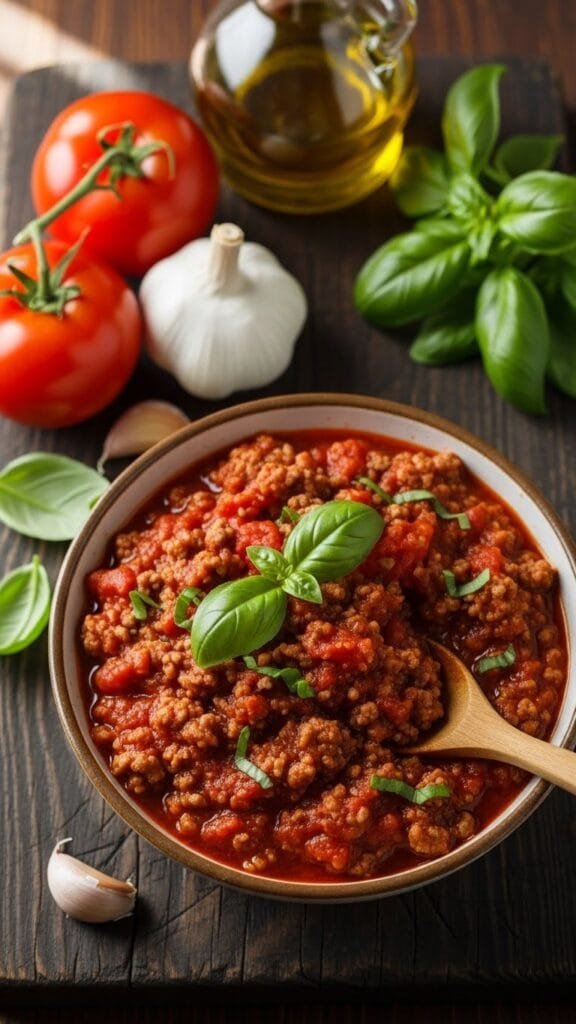 Bowl of spaghetti topped with rich homemade meat sauce made with ground beef, garlic, and tomatoes, styled for a weeknight dinner.