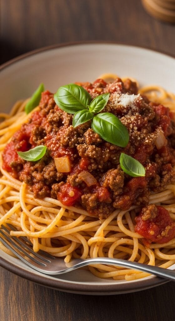 Bowl of spaghetti topped with rich homemade meat sauce made with ground beef and tomatoes