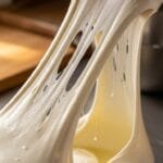 Homemade Mozzarella Cheese: How to Make It (Full Guide + Air-Fryer Bites) Fresh homemade mozzarella cheese being stretched until smooth and glossy during the cheese-making process