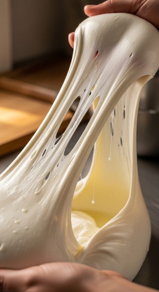 Fresh homemade mozzarella cheese being stretched until smooth and glossy during the cheese-making process