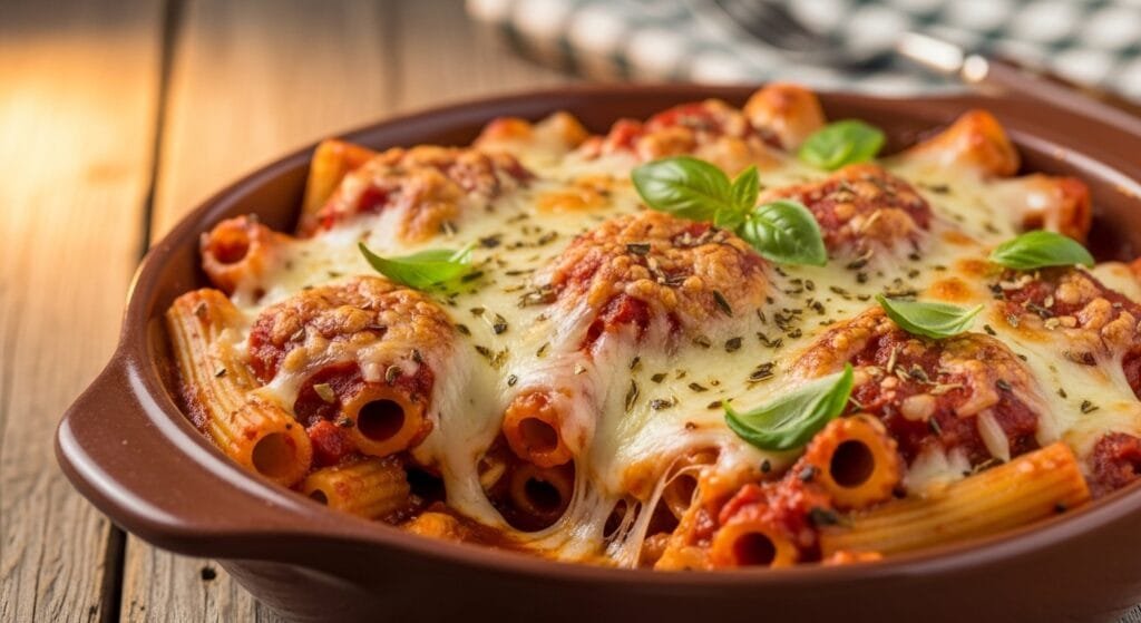 cheesy baked pasta casserole with mozzarella topping