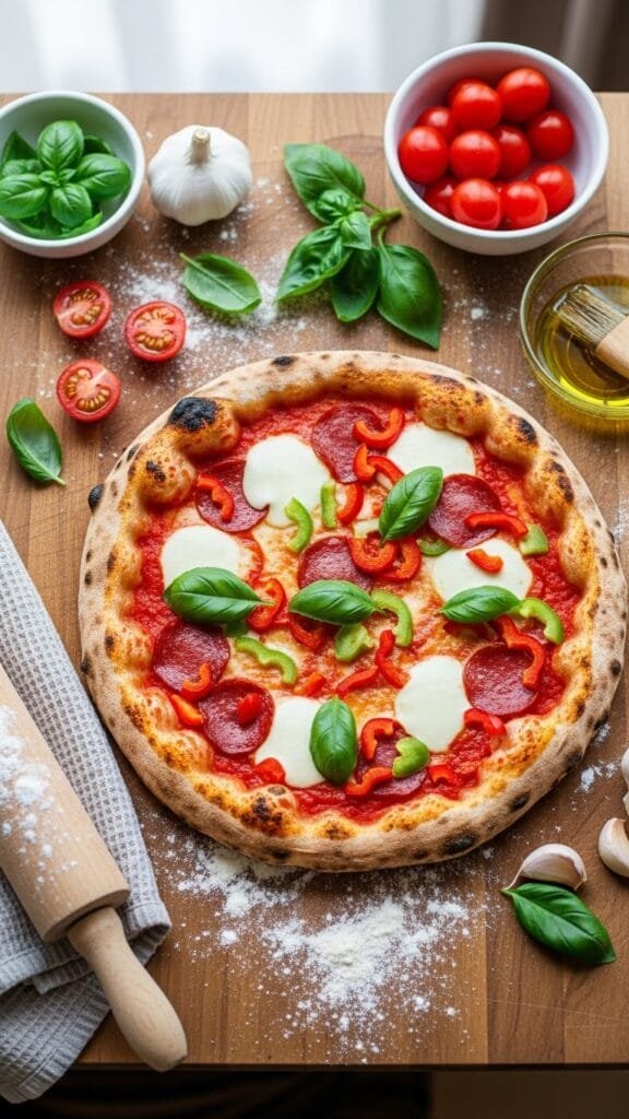 Slicing homemade pizza with bubbly cheese and golden crust on a wooden board
