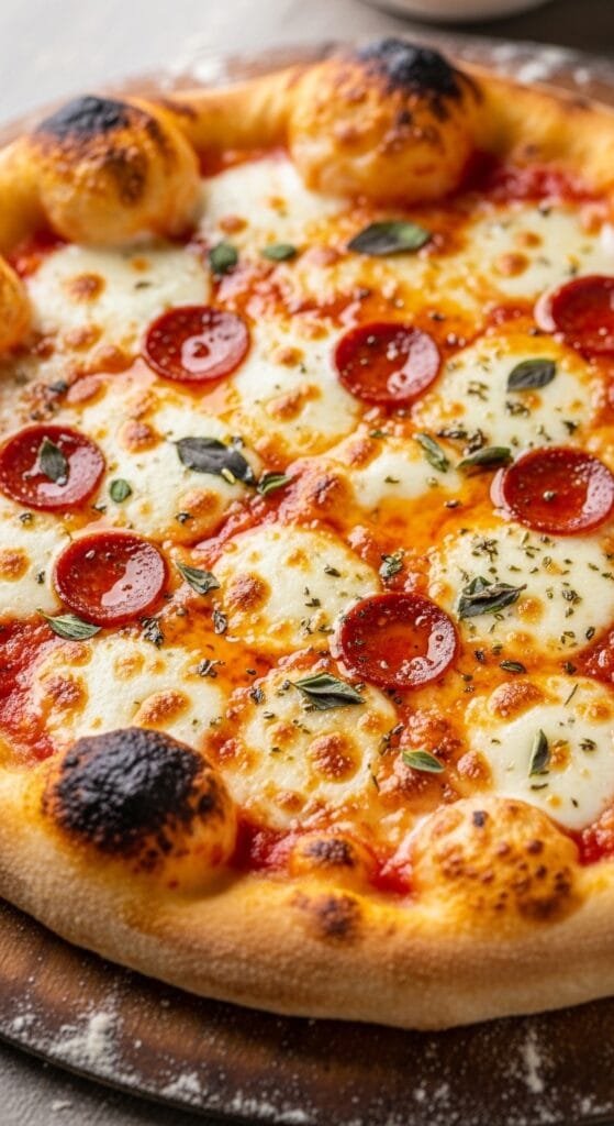 Homemade pizza with crispy crust, bubbly melted mozzarella, and golden edges fresh from the oven
