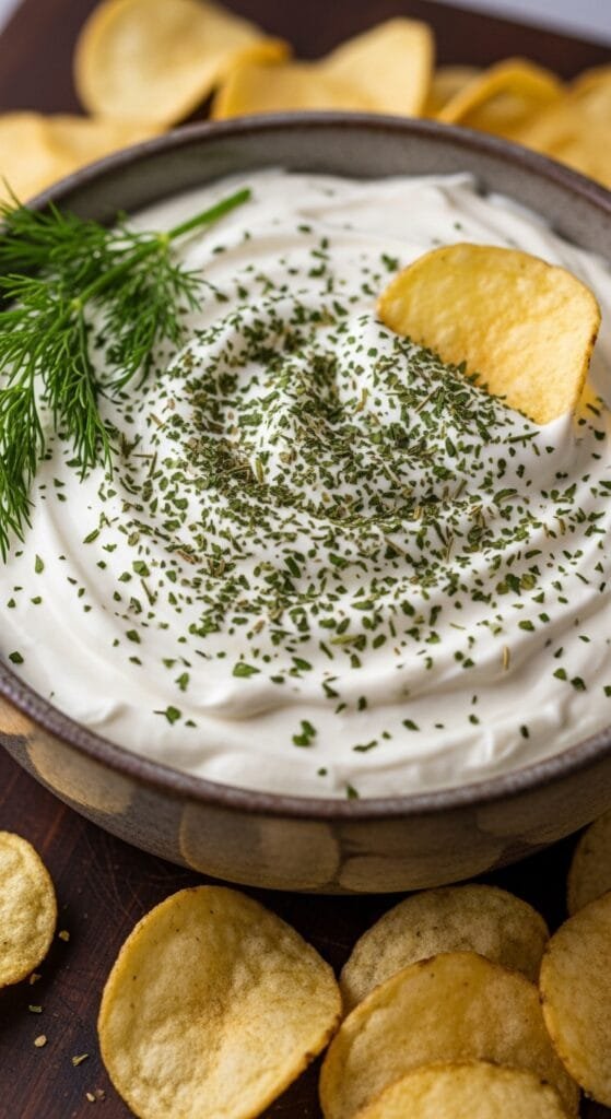 Homemade ranch chip dip made with sour cream, mayonnaise, and dried herbs in a serving bowl