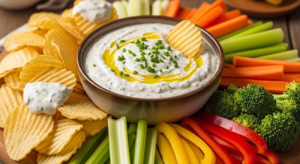 creamy homemade ranch chip dip served with chips and vegetables