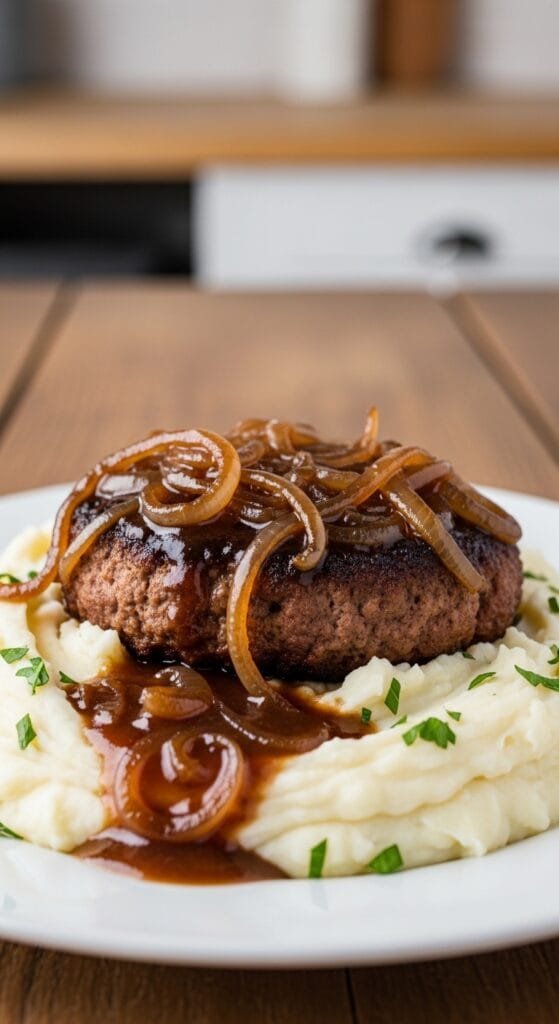 Homemade Salisbury steak with rich onion gravy served over mashed potatoes