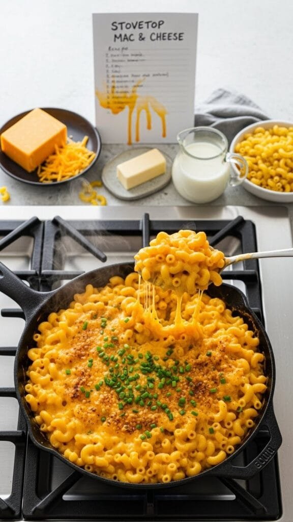 Creamy stovetop mac and cheese with smooth cheddar cheese sauce