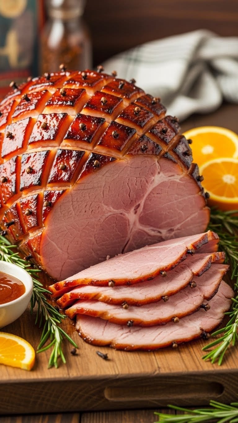 Sliced honey glazed ham with brown sugar crust and fresh herbs for holiday entertaining