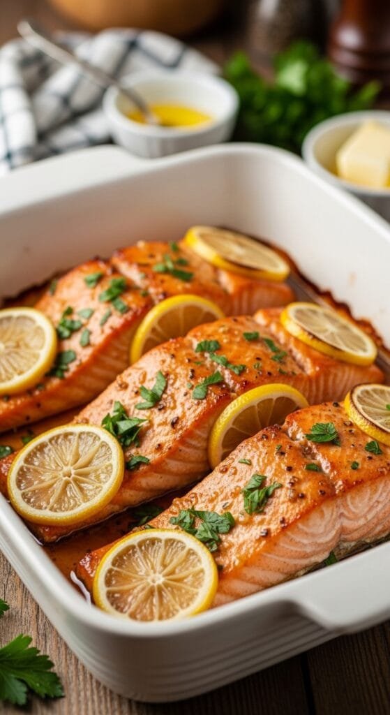 Honey garlic butter baked salmon fillets topped with parsley and lemon in a baking dish