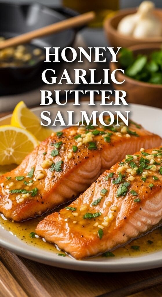 Honey garlic butter sauce simmering in a saucepan before being poured over salmon