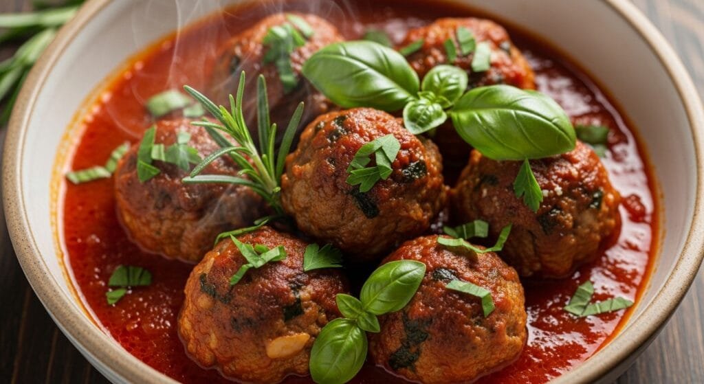 tender baked meatballs served hot with herbs and sauce