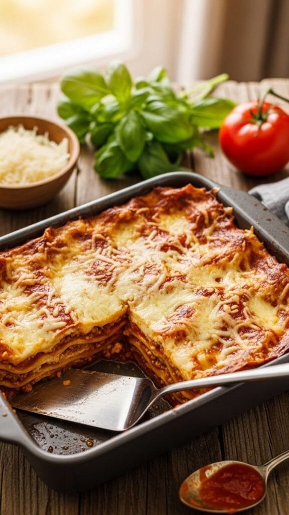 Layering lasagna noodles with ricotta and meat sauce in baking dish