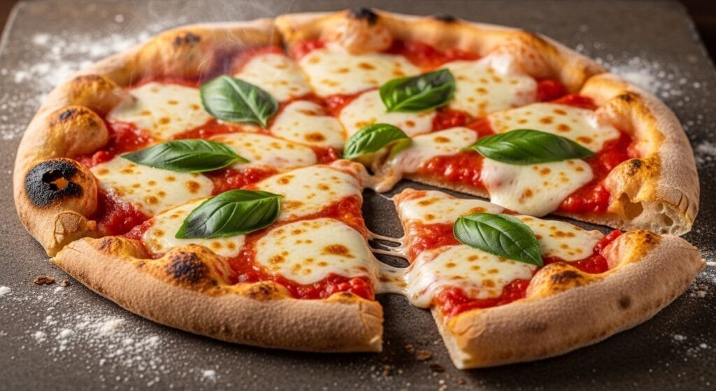 fresh baked margherita pizza on stone with melted mozzarella