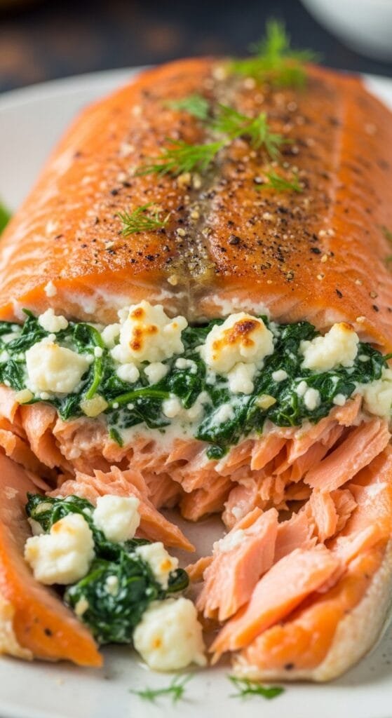 Spinach feta stuffed salmon showing flaky salmon and creamy cheese filling