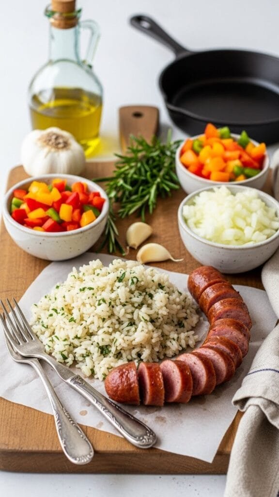 Close-up of sausage and rice showing juicy sausage slices and perfectly cooked rice