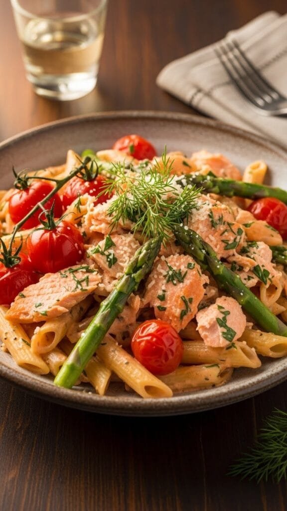 Creamy salmon pasta close-up showing flaky salmon and pasta coated in parmesan sauce