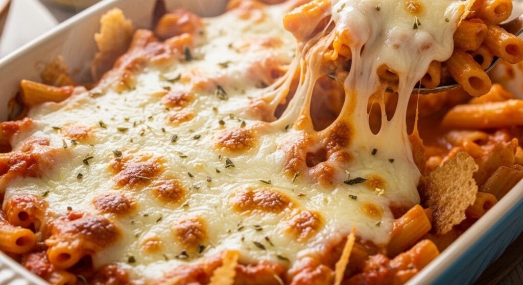 close up baked penne casserole with bubbling cheese crust