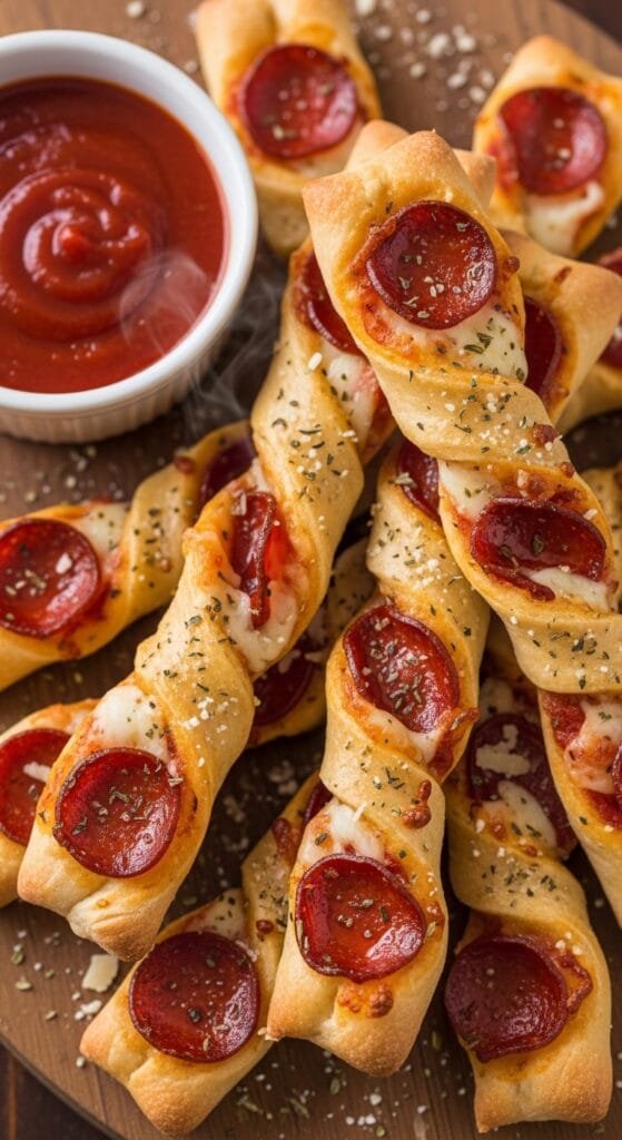 Twisted pepperoni pizza sticks served warm with marinara dipping sauce