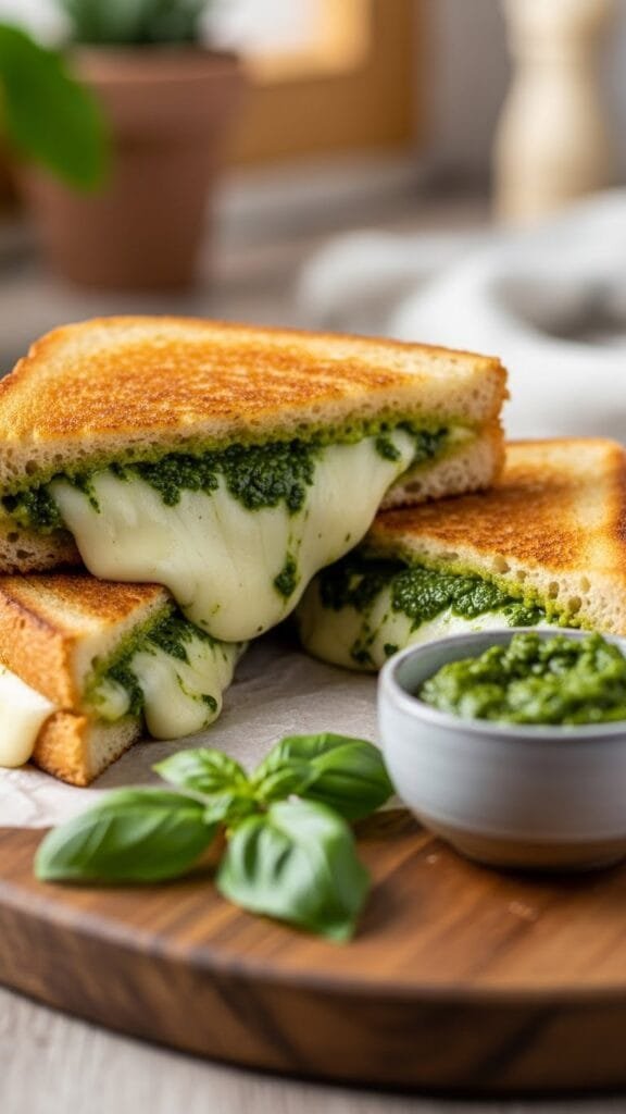 Crispy pesto mozzarella grilled cheese sandwich with melted cheese and golden toasted bread