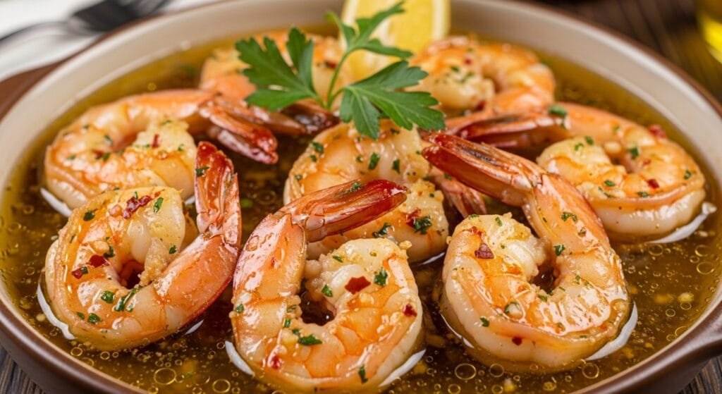 Close up garlic shrimp cooked in butter sauce ready to serve