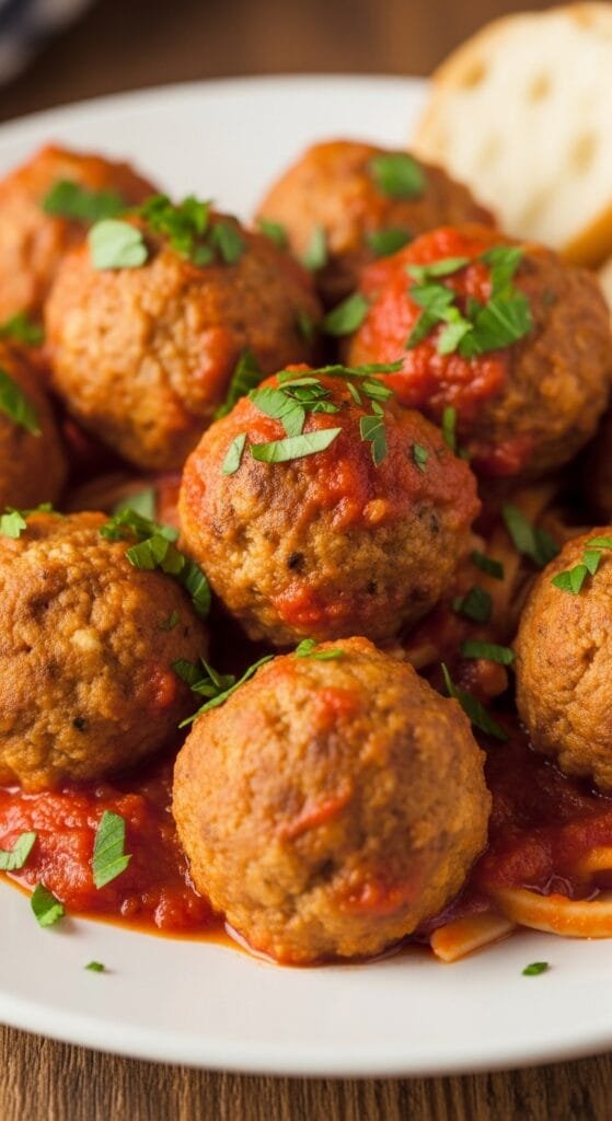 Tender ricotta meatballs cooked until golden and served with marinara sauce and fresh parsley