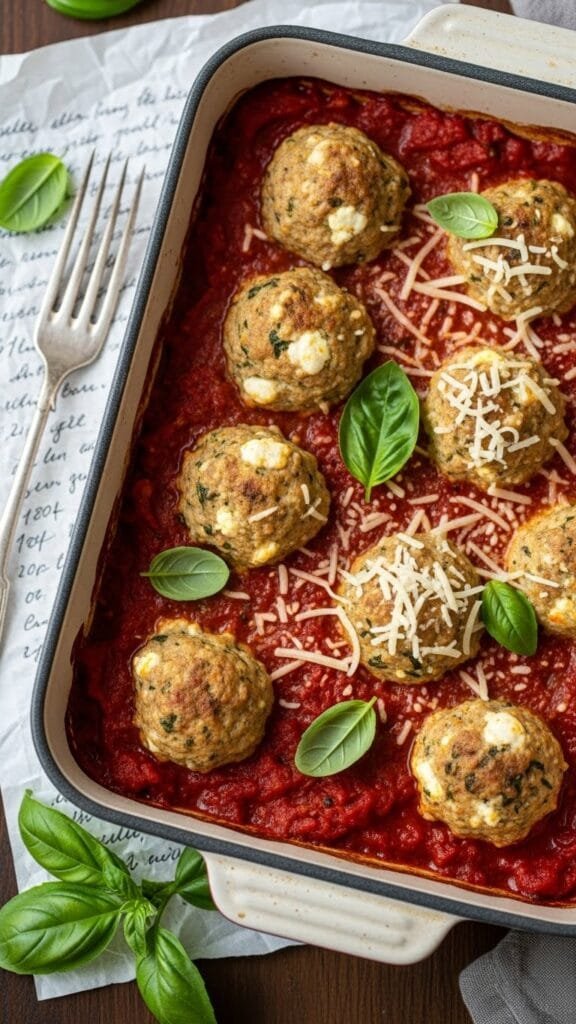 Tender ricotta meatballs browned in a skillet and ready for baking