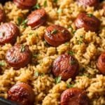 One-pan sausage and rice cooked in a skillet with browned sausage and fluffy seasoned rice