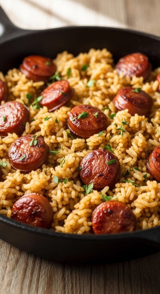 One-pan sausage and rice cooked in a skillet with browned sausage and fluffy seasoned rice