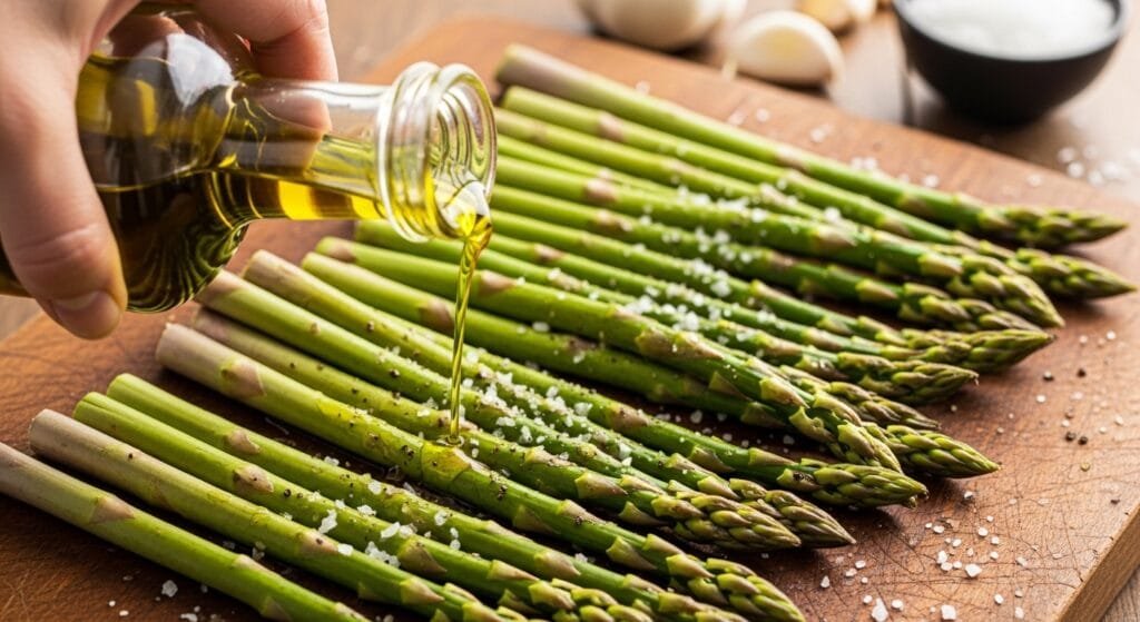 fresh asparagus being seasoned with olive oil garlic salt and pepper