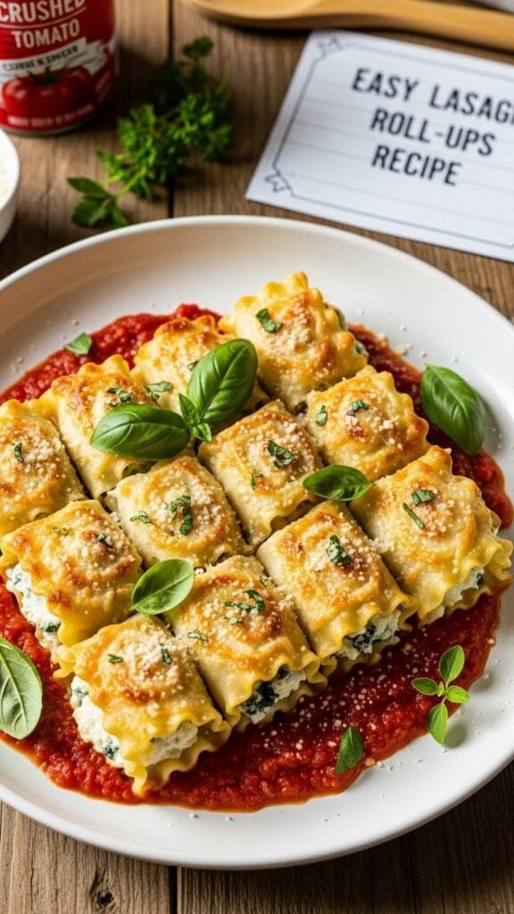 Close-up of a single lasagna roll-up served on a plate with salad