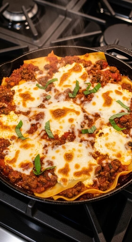 One-pan skillet lasagna with melted mozzarella, tender noodles, and rich meat sauce cooked on the stovetop