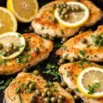 Skillet lemon caper chicken with tender pan-seared chicken in a lemon butter sauce, topped with capers and fresh parsley