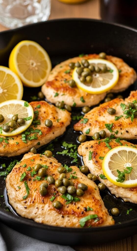 Skillet lemon caper chicken with tender pan-seared chicken in a lemon butter sauce, topped with capers and fresh parsley