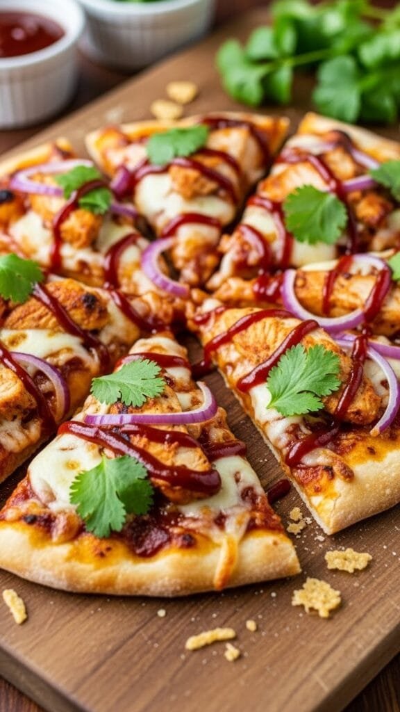 Sliced BBQ chicken flatbread garnished with cilantro and extra barbecue sauce