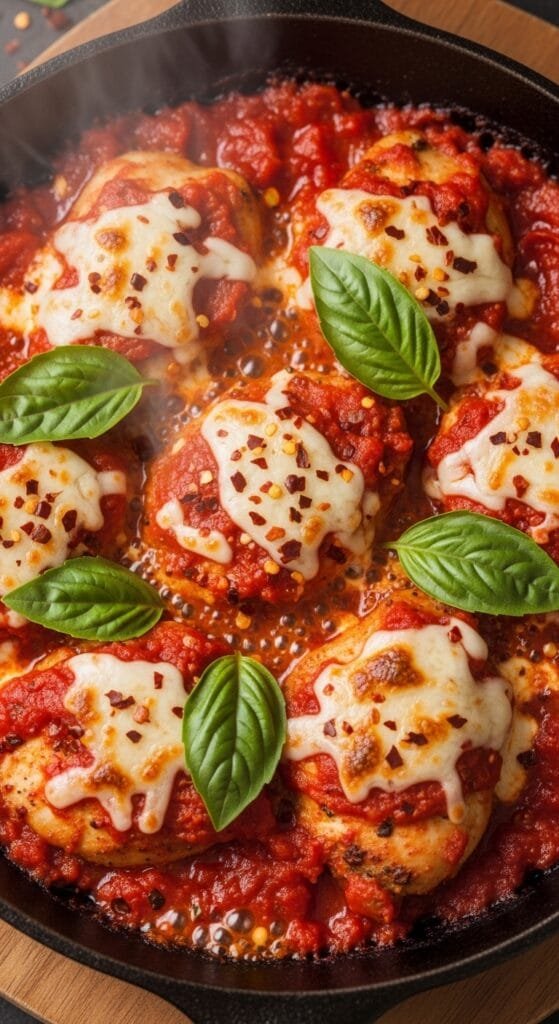 Spicy pizza chicken cooked in a skillet with tender chicken pieces, tomato sauce, melted mozzarella, and fresh basil