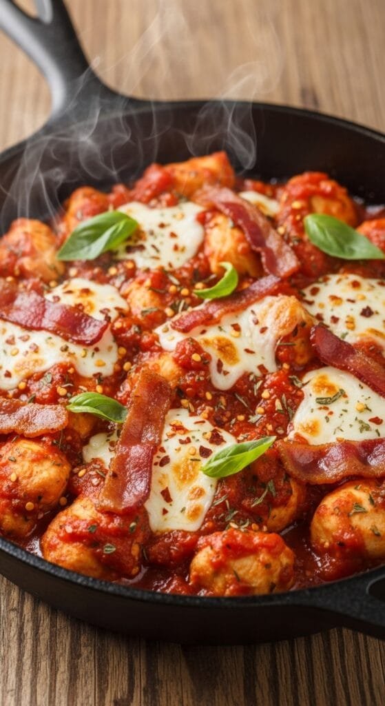 One-skillet spicy pizza chicken with tomato sauce, mozzarella cheese, and crispy bacon served hot