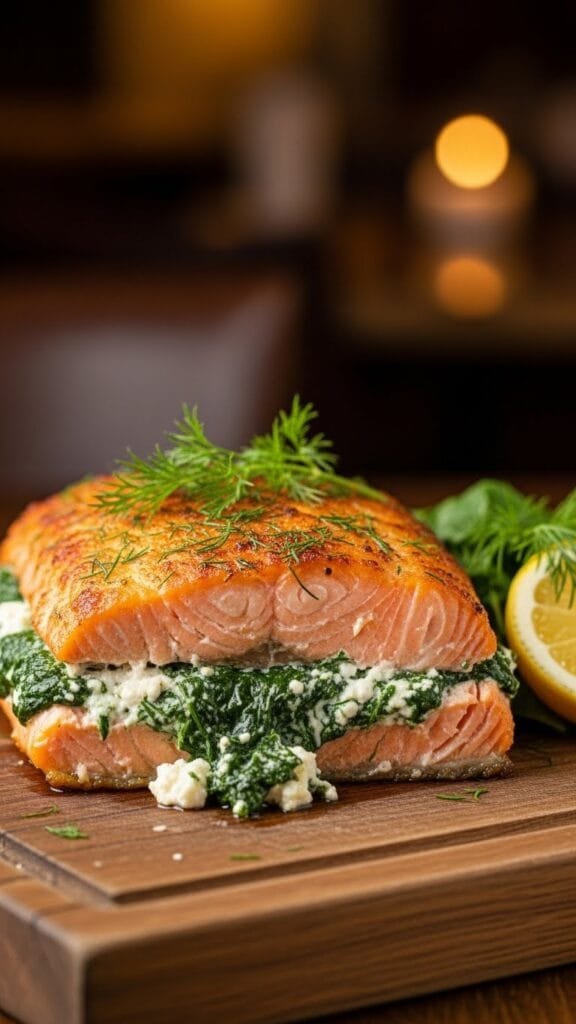 close up of spinach feta stuffed salmon showing flaky salmon and creamy filling