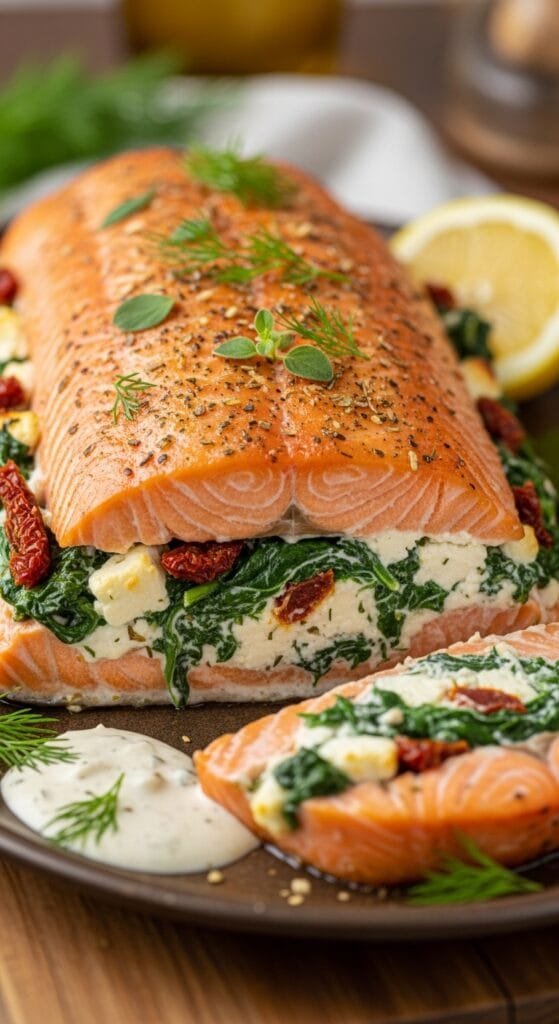 Spinach feta stuffed salmon baked until flaky with creamy Mediterranean filling