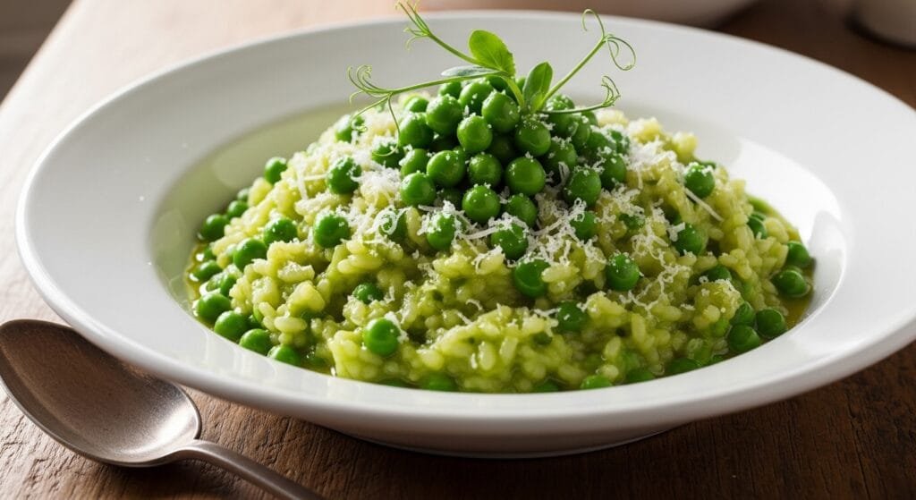 Creamy spring pea risotto with Parmesan cheese and fresh peas in a bowl