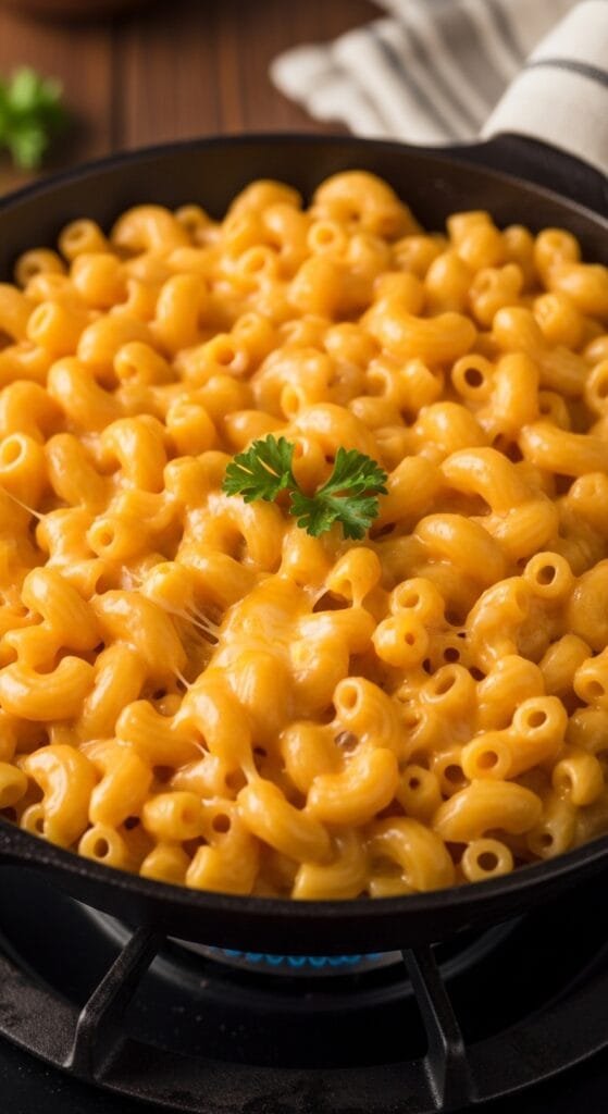 Creamy stovetop mac and cheese made with real cheddar cheese and tender pasta in a smooth sauce