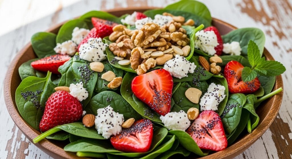 Fresh strawberry spinach salad with goat cheese, nuts, and poppy seed dressing