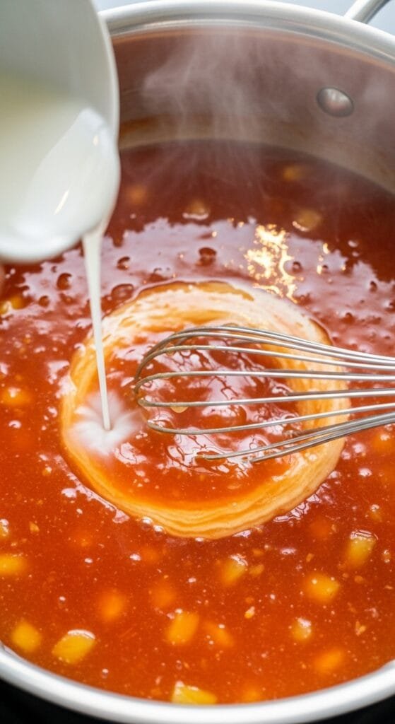 Sweet chili pineapple sauce thickening as cornstarch slurry is stirred in