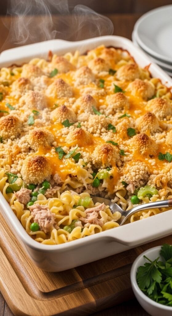 Creamy tuna noodle casserole topped with golden breadcrumbs and melted cheddar cheese